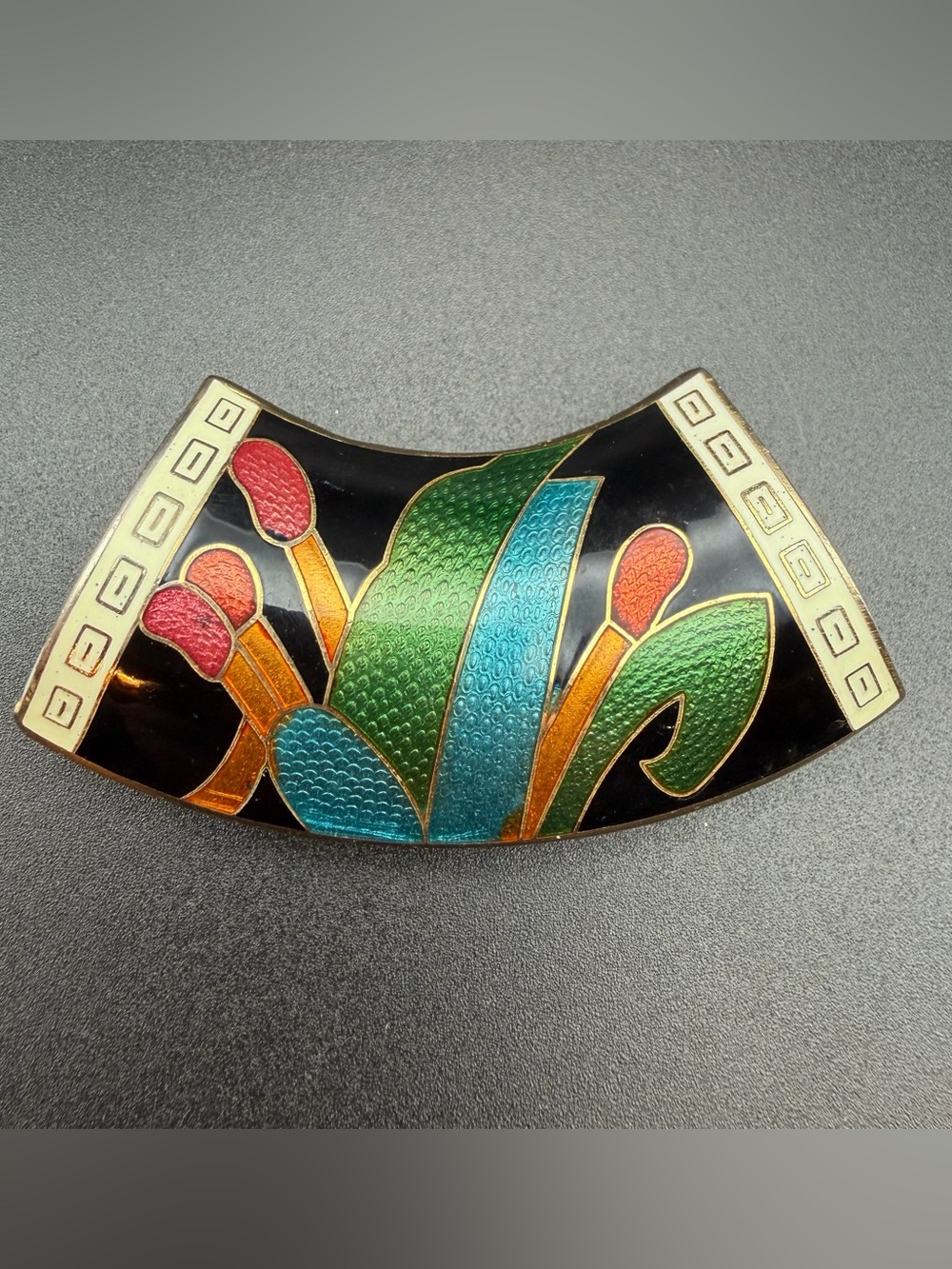 Cloisonné enamel scarf slide #722. Green blue red floral